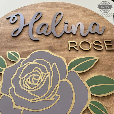 Nursery round name signs with rose 3d laser cut, _label_new,