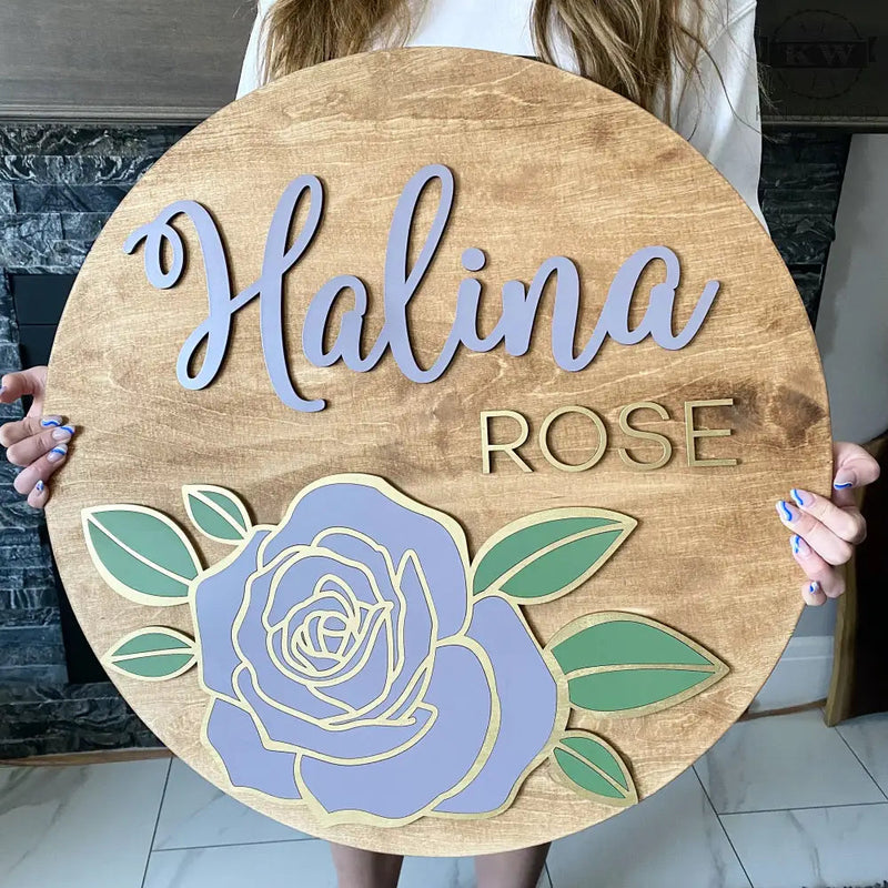 Nursery round name signs with rose 3d laser cut, _label_new,