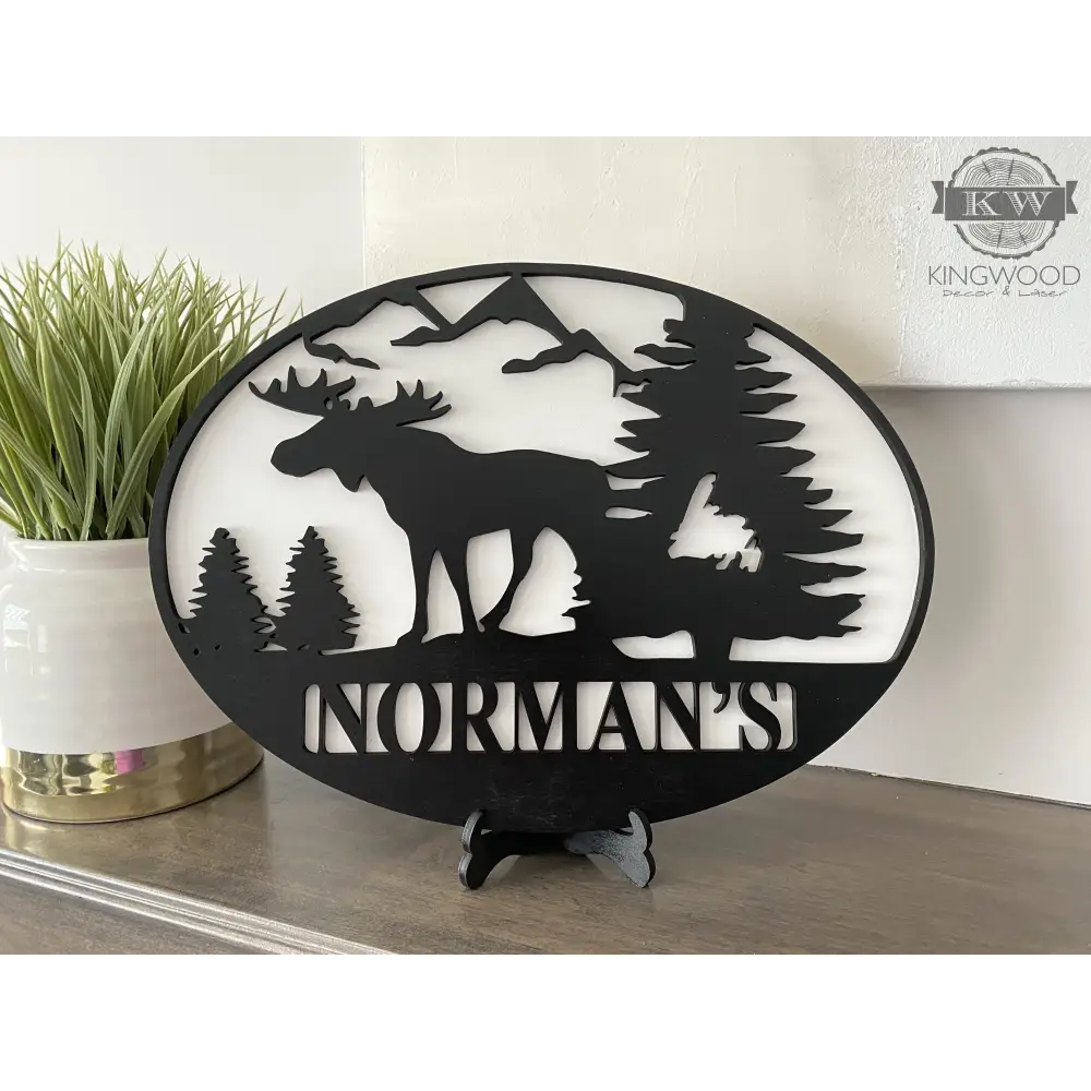 Black metal moose silhouette sign for personalize nature scene wall and table decor