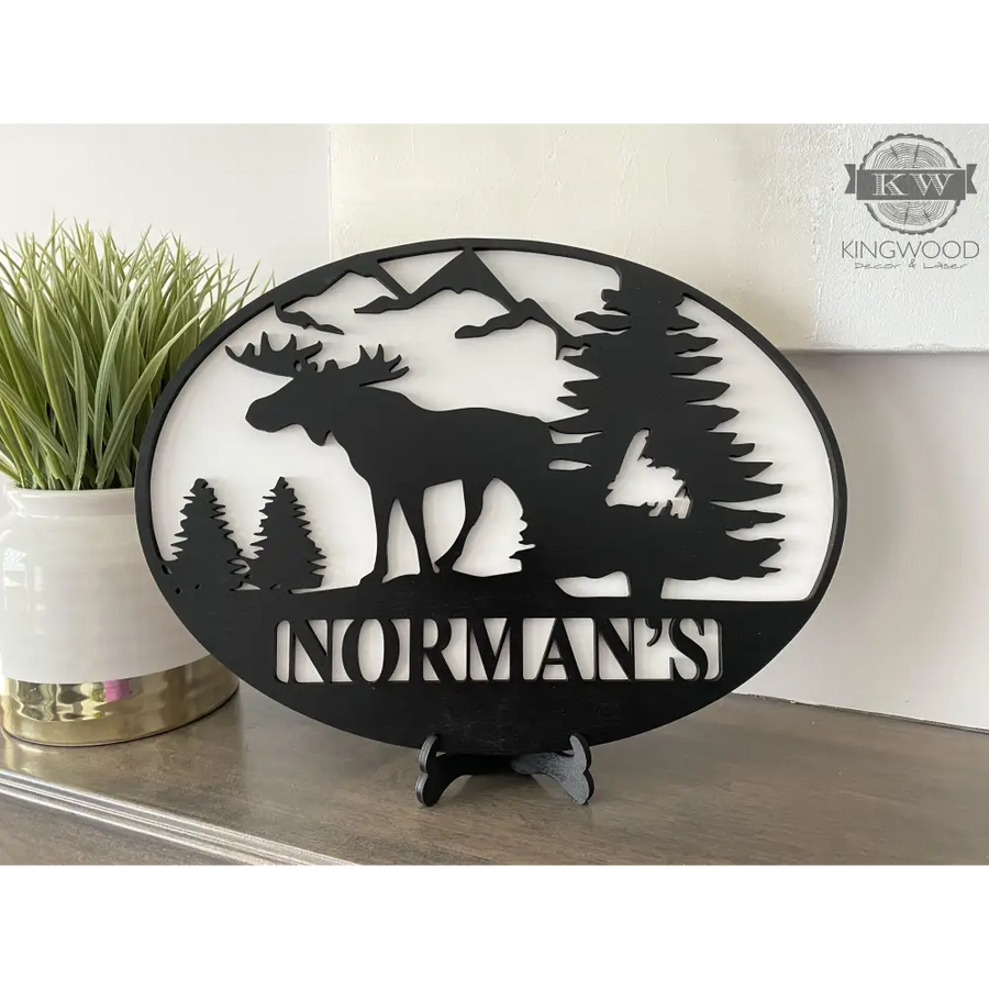Black metal moose silhouette sign for personalize nature scene wall and table decor