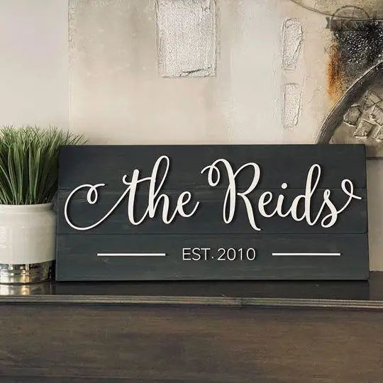 Personalized family name sign decor with laser cut maple letters and EST date
