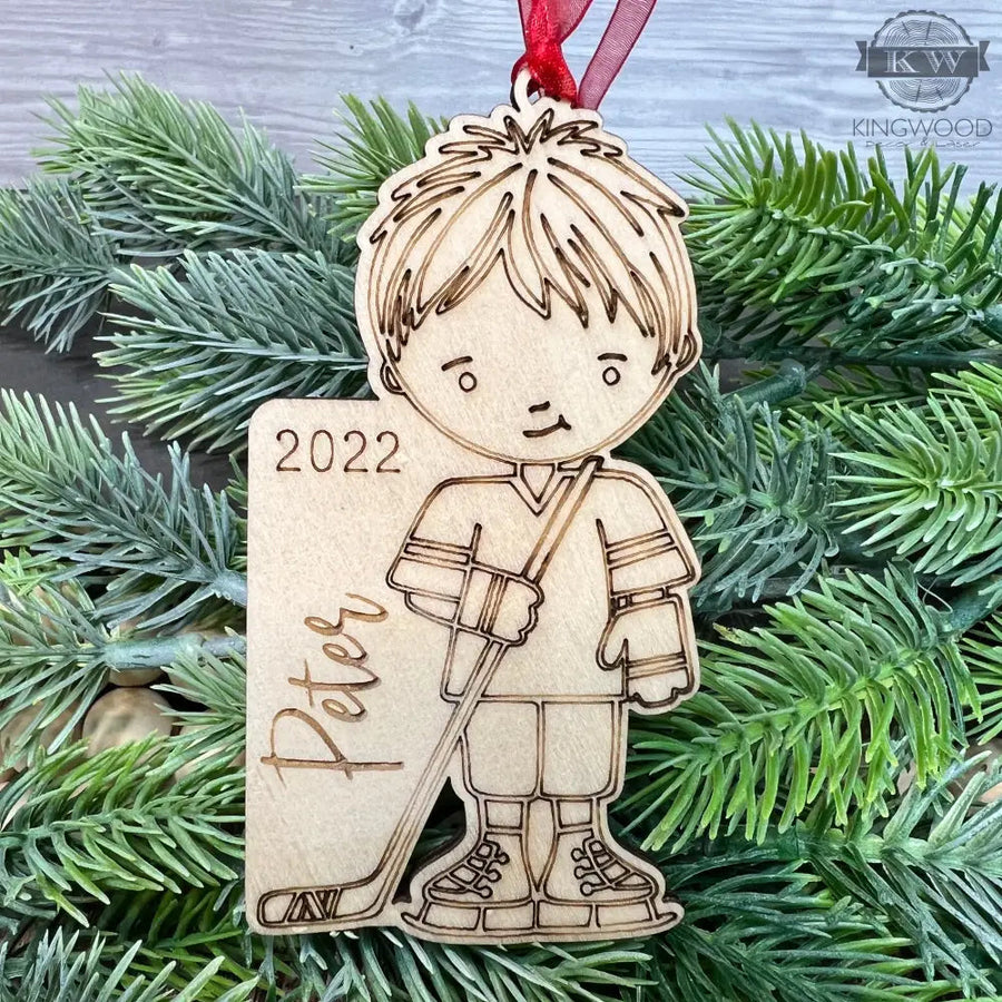 Wooden hockey boy ornament, personalized hockey boy decor for Christmas tree