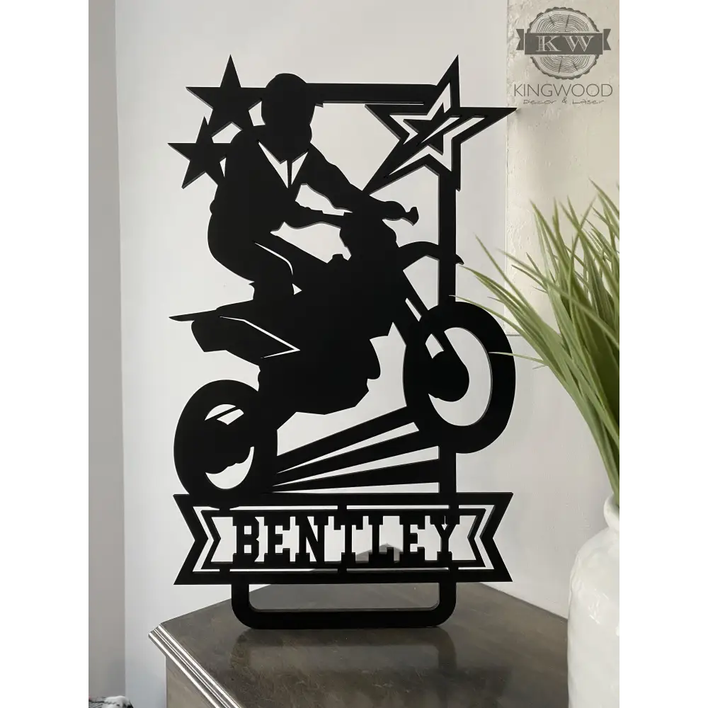 Black metal motocross silhouette for personalized dirt bike monograms in kids room decor