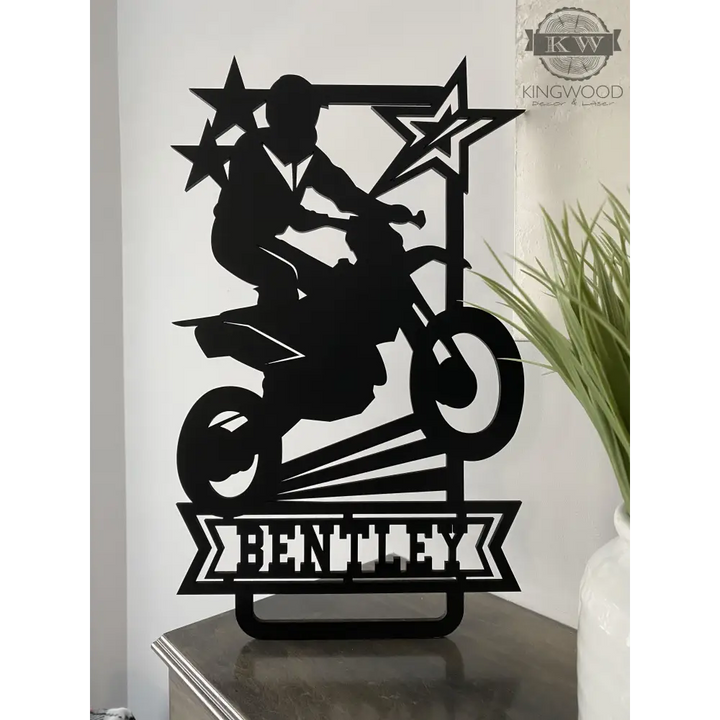 Black metal motocross silhouette for personalized dirt bike monograms in kids room decor