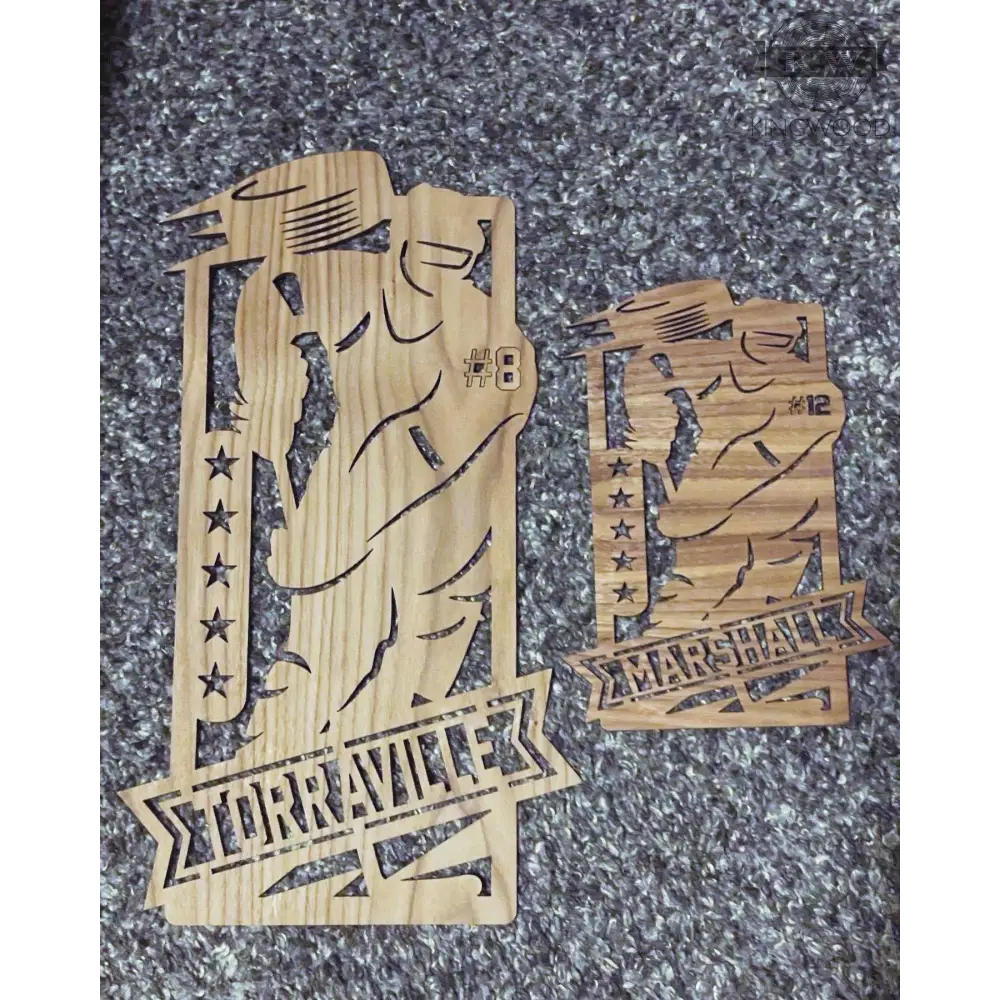 Wooden baseball-themed cutout for personalized decor in Fort McMurray hockey room