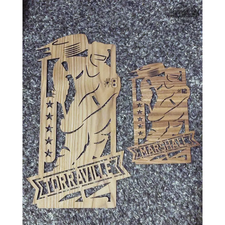Wooden baseball-themed cutout for personalized decor in Fort McMurray hockey room