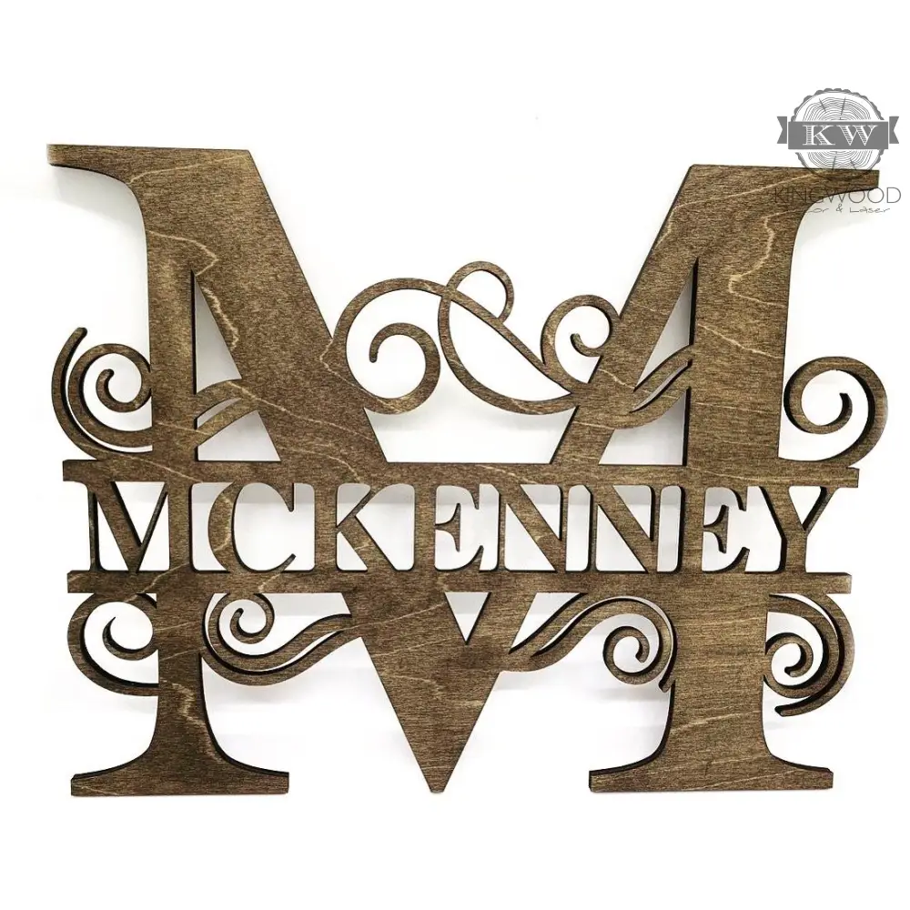 Decorative wooden letter M monogram sign with flourishes for personalized decor