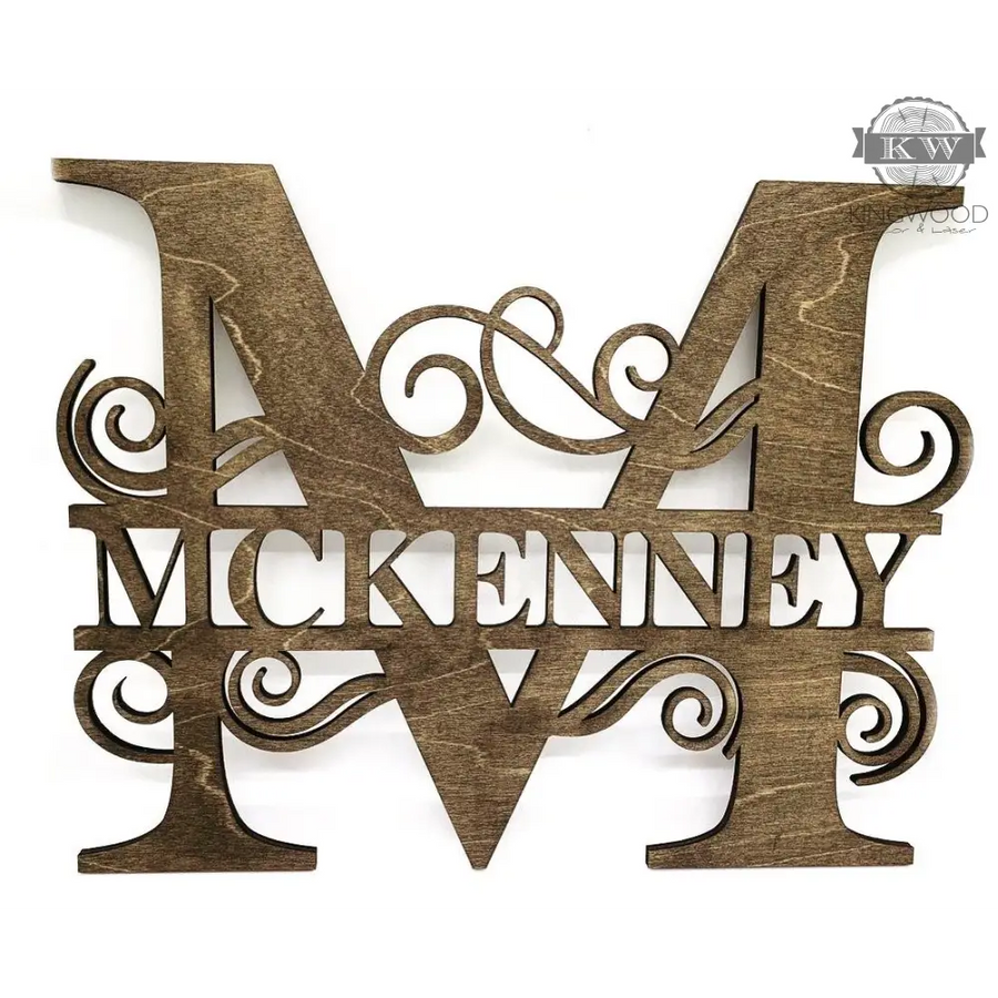 Decorative wooden letter M monogram sign with flourishes for personalized decor