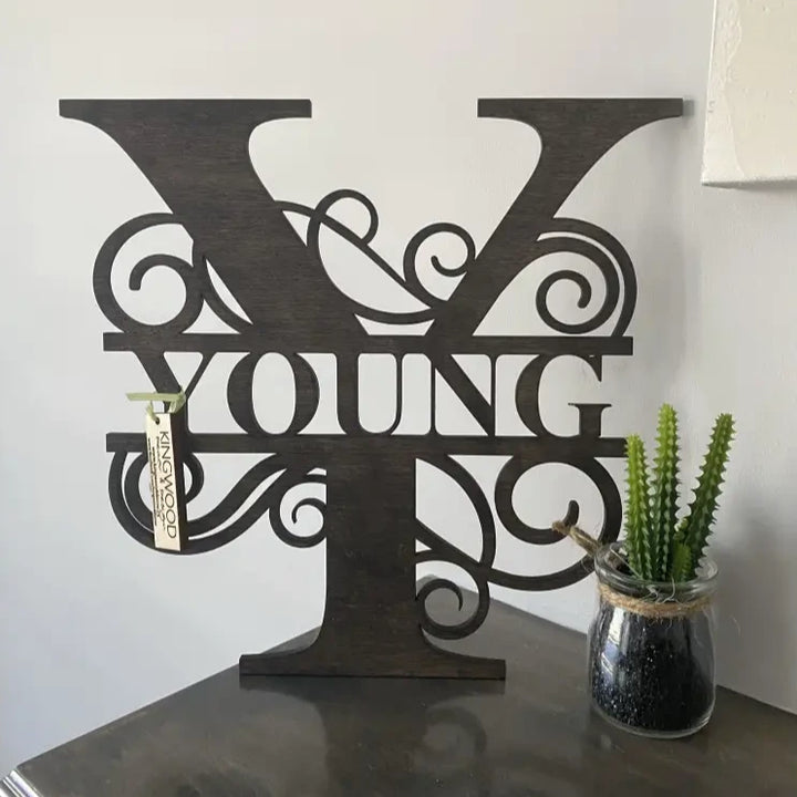 Personalized wooden letter Y monogram sign with Young in center, ideal for custom decor