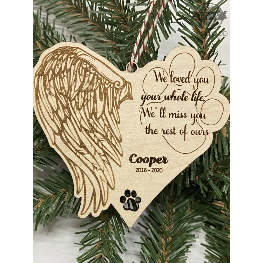 Wooden personalized memorial dog and cat ornament for pet remembrance and tribute