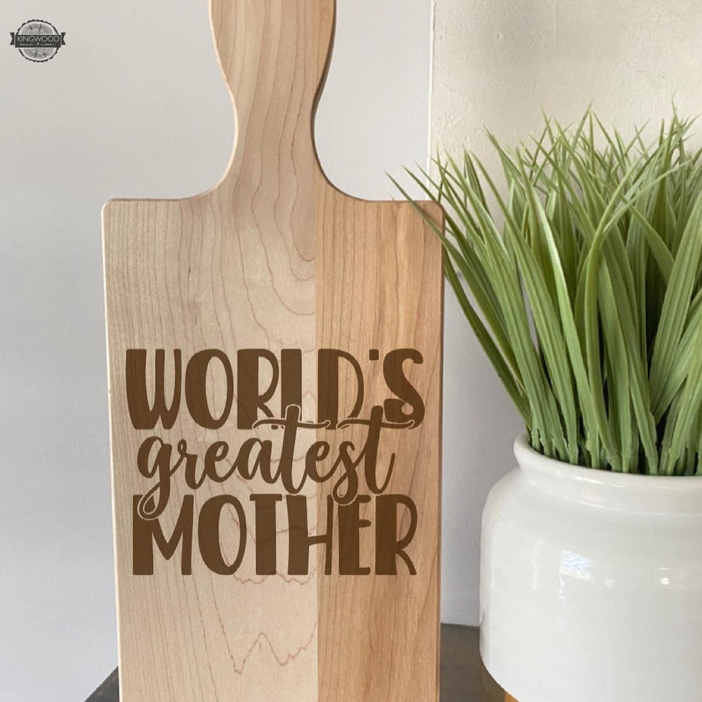 Personalized cutting board for mother and child gift with World’s Greatest Mother inscription