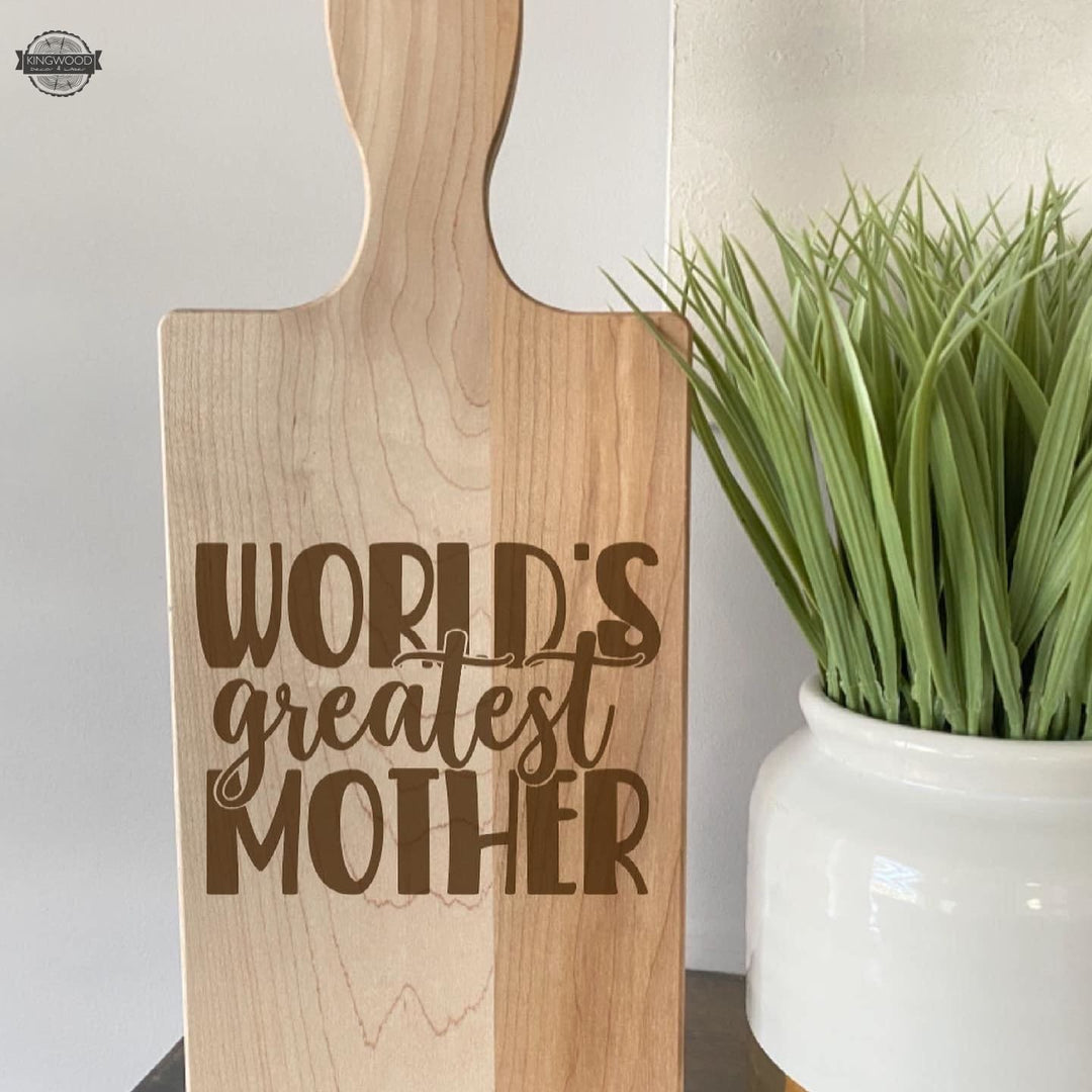 Personalized cutting board for mother and child gift with World’s Greatest Mother inscription