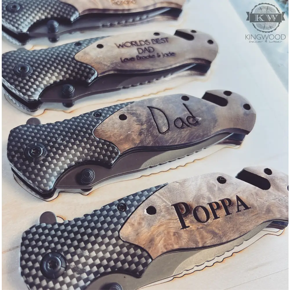 Engraved personalized folding pocket tool with wooden handle and stainless steel blade