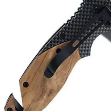 Personalized folding pocket tool with wooden handle and stainless steel blade, versatile pocket tool