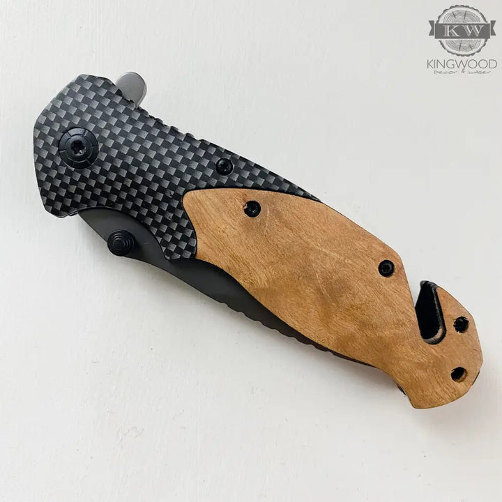 Personalized folding pocket tool with wood handle and stainless steel blade