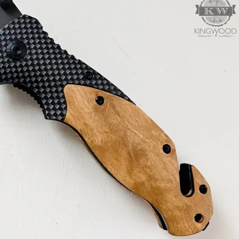 Personalized folding pocket tool with wooden handle and stainless steel blade, ideal pocket tool