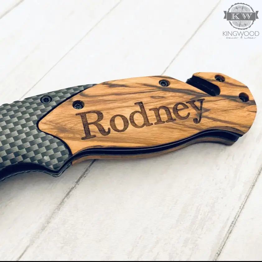 Personalized folding pocket tool with wooden handle and stainless steel blade