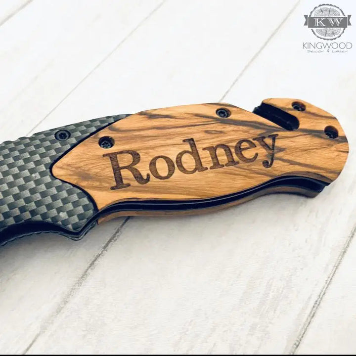 Personalized folding pocket tool with wooden handle and stainless steel blade