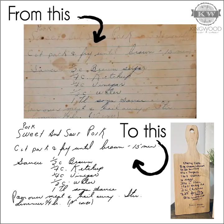 Personalized maple cutting board with handwritten recipe engraving showcasing a handwritten recipe