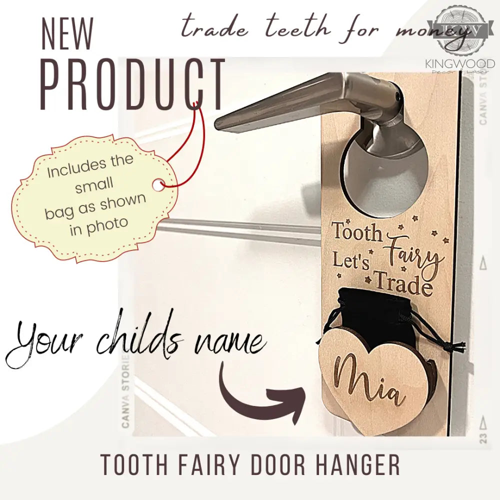 Wooden tooth fairy door hanger with small bag for kids and toddlers featuring personalized design