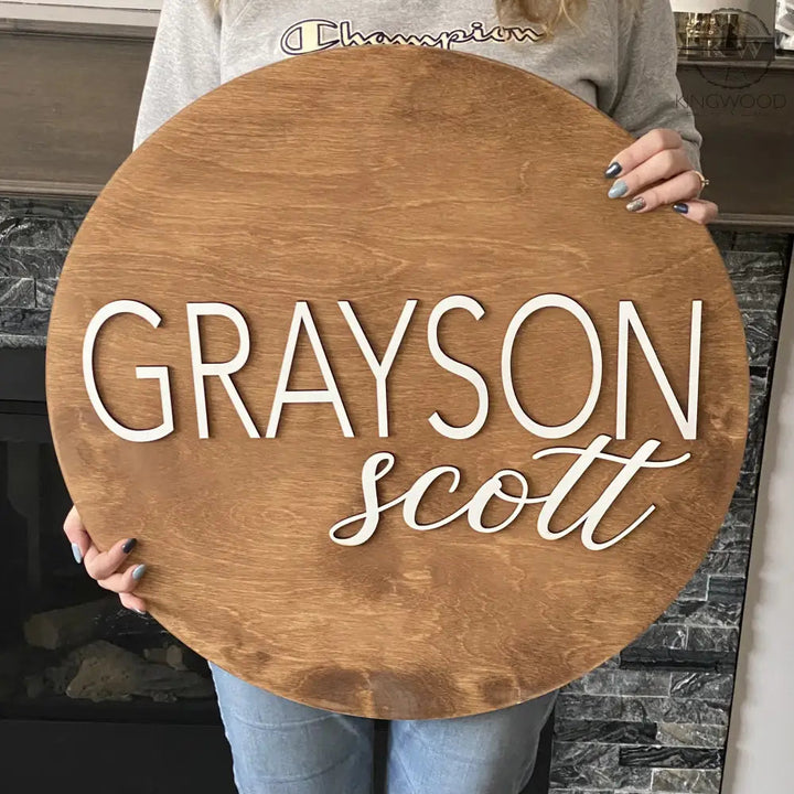 Rustic baby nursery round sign with personalized name for nursery decor