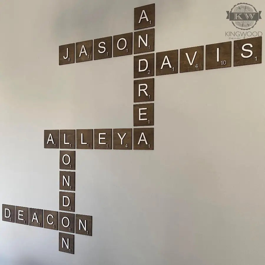Custom wooden Scrabble tile wall art featuring 3D laser cut letters for decor