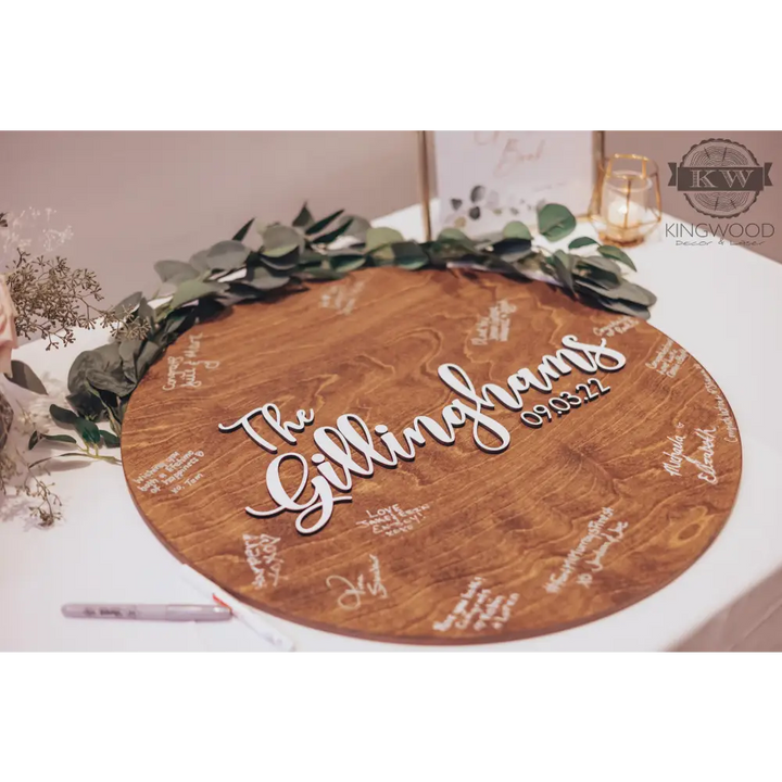 Round wooden wedding guest signing board for sign guestbook and wedding guest signing activities