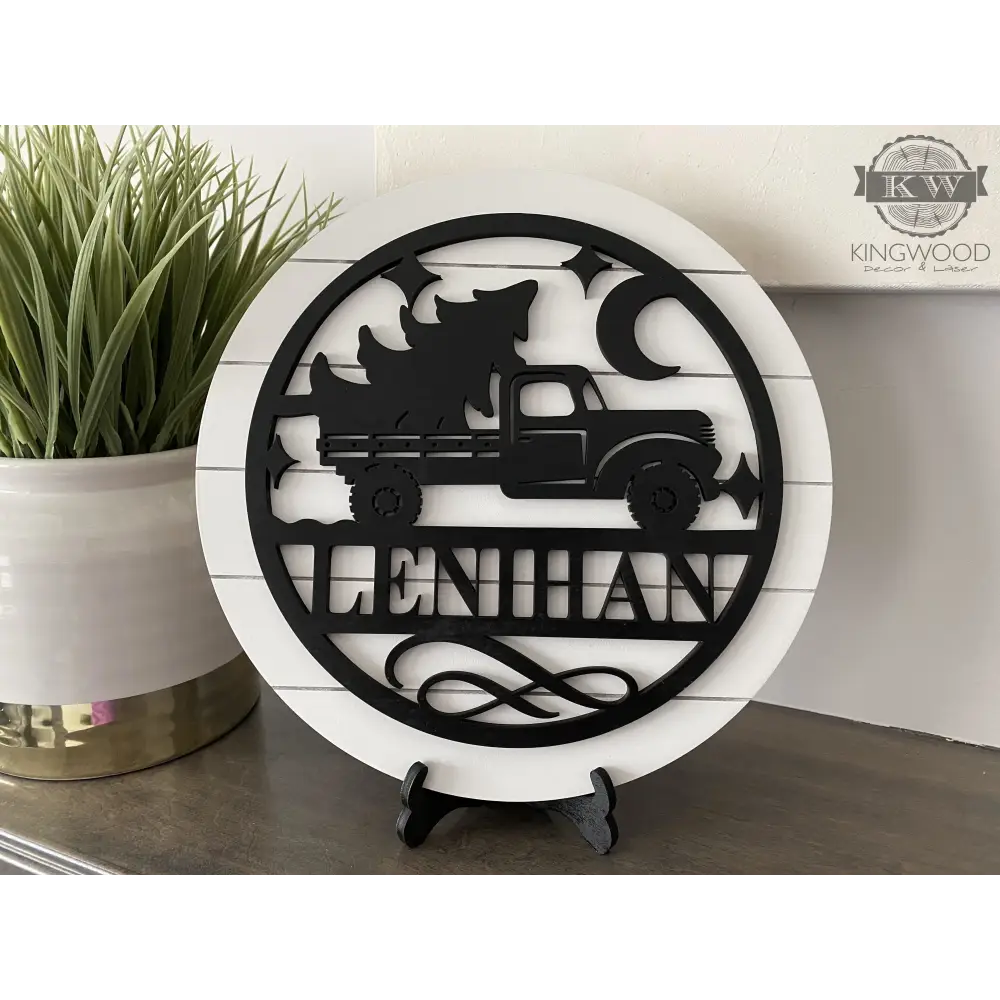 Personalize round shiplap sign with truck and tree design for wall or table decor