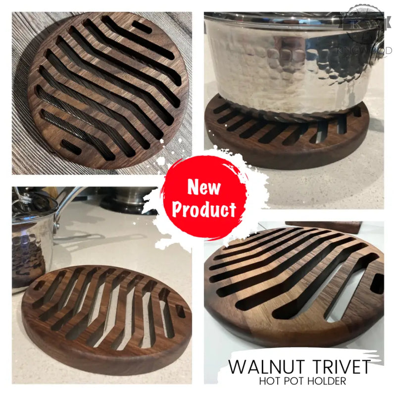 Walnut round trivet for hot dishes (hot pot holder)