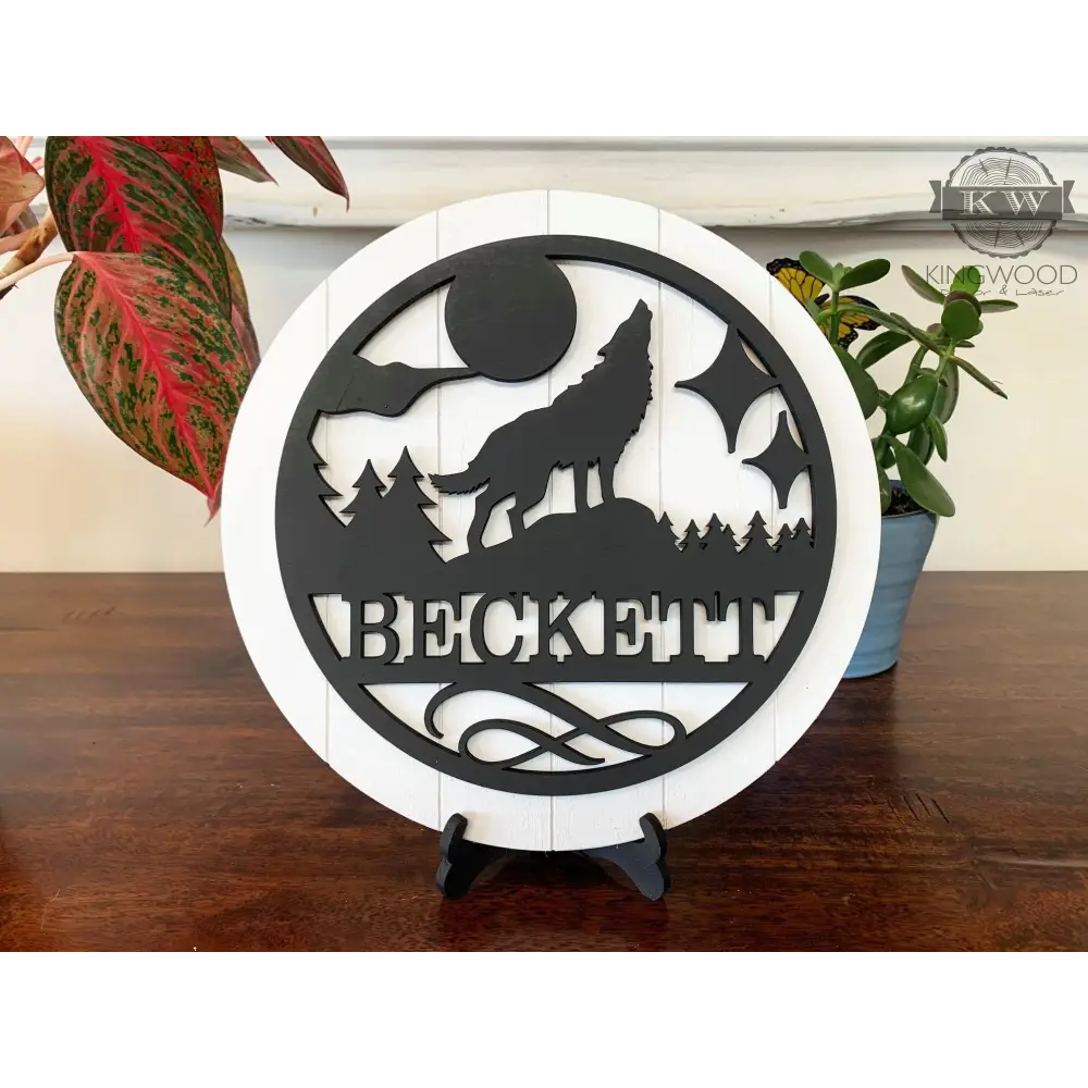 Personalize round shiplap sign with wooden wolf silhouette for wall or table decor