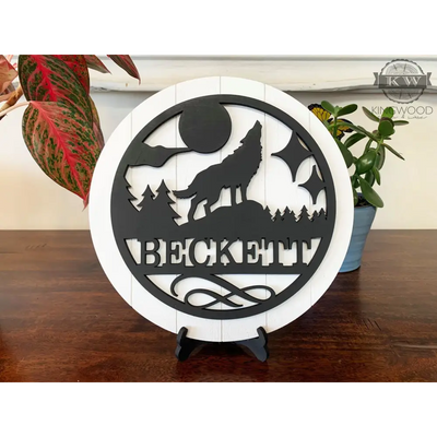 Wolf - personalize round shiplap signs with stand gifts,