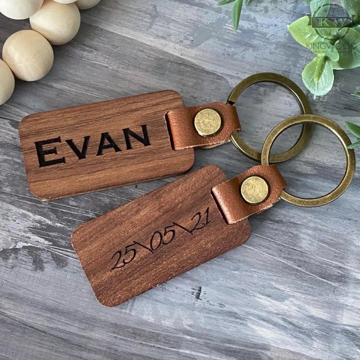 Personalized wooden keychains with leather loop and custom engraving for decor or gifts